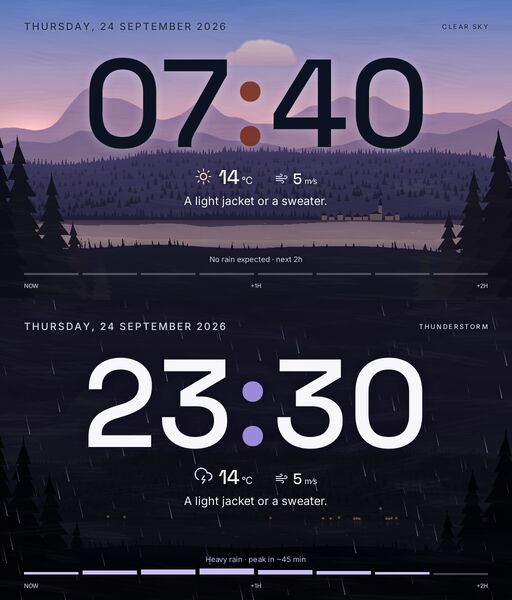 The clock at dawn and during a night storm