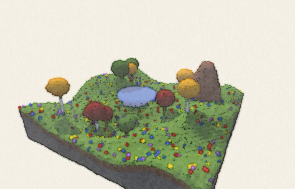 A voxel island rendered in watercolor mode